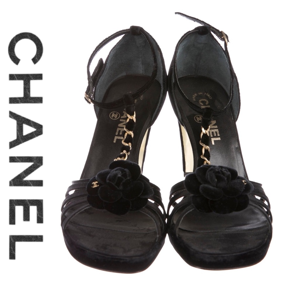 CHANEL Black Camellia Flower Velvet Strap Heels - Picture 2 of 7